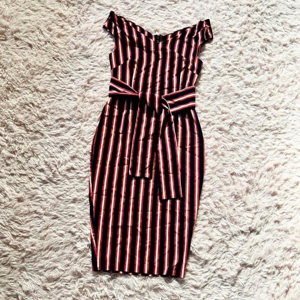 Retro Striped Off Shoulder Pinup Bodycon Dress Womens 8 Sexy Wedding Guest Femme